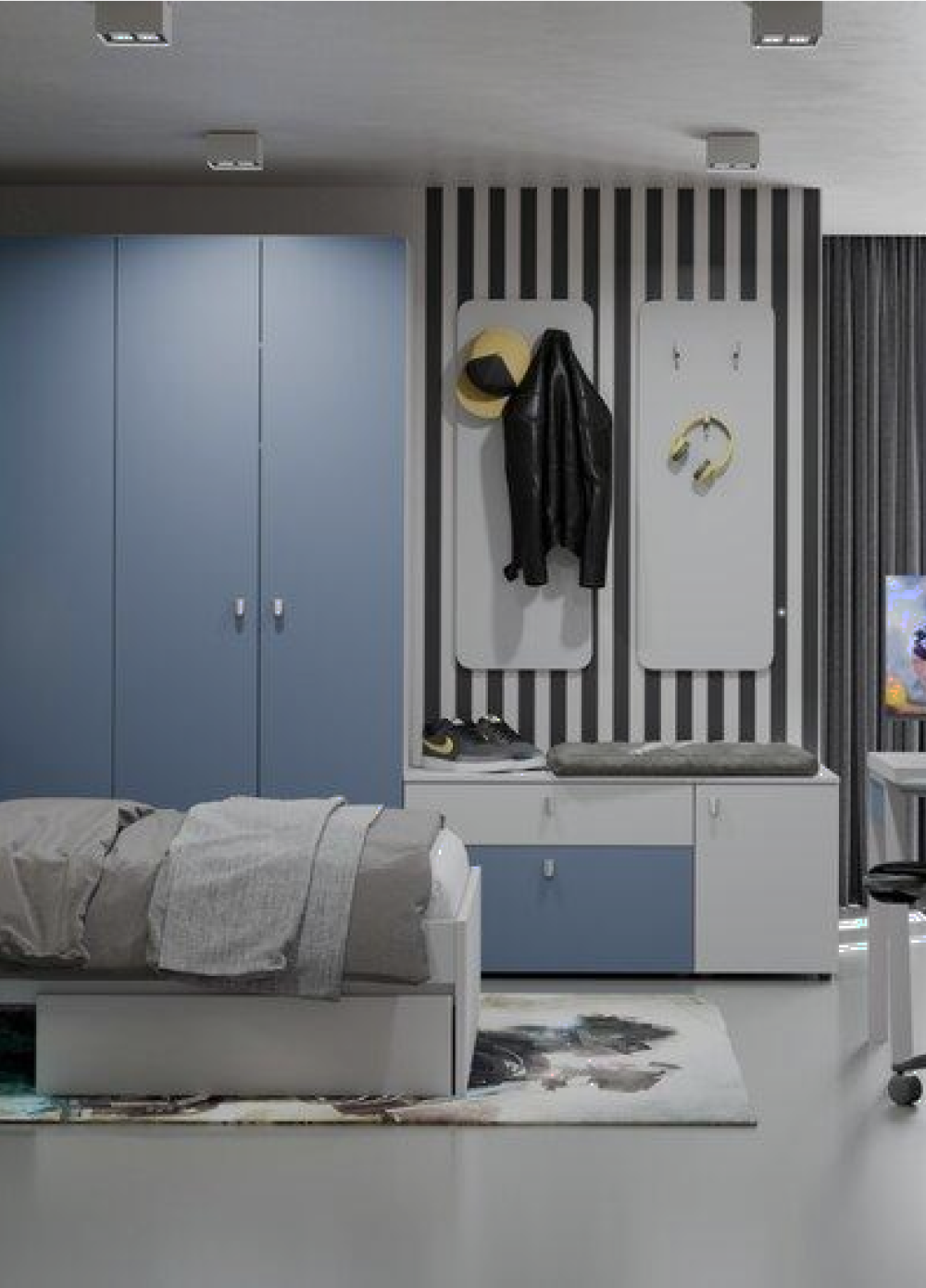 Mladinska soba z modro omaro, posteljo, pisalno mizo in gaming stolom - program za mlade Sanles